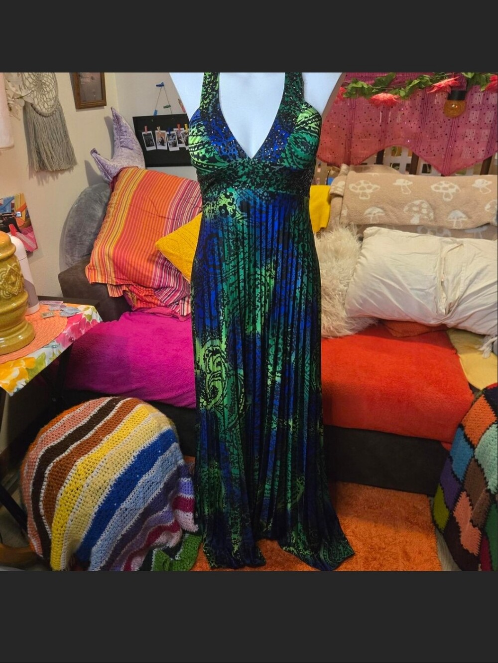 Morgan & Co. Green & Blue Y2K Halter Maxi Dress